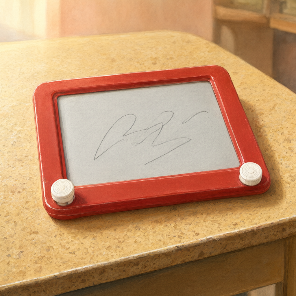 Игрушка «Волшебный экран» (Etch A Sketch), гуашевая иллюстрация