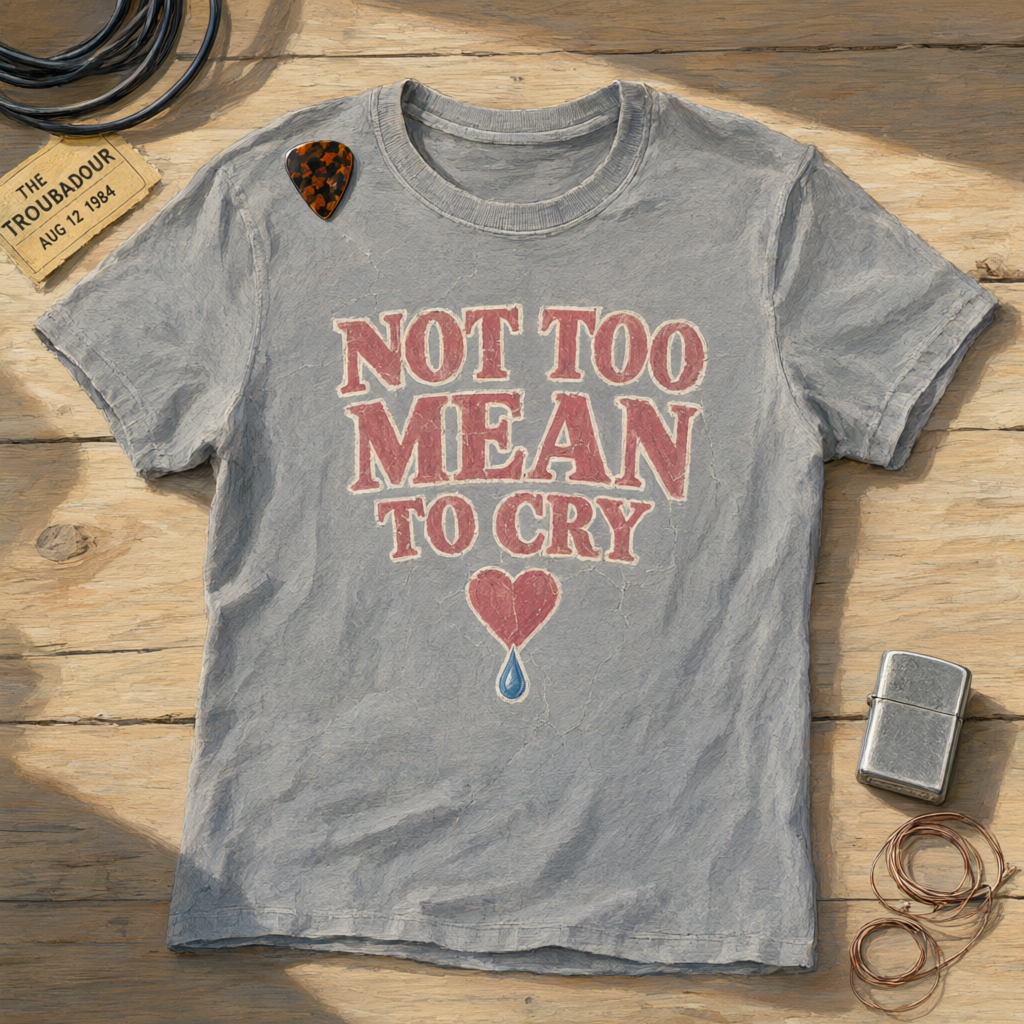 Футболка «Not Too Mean to Cry» на деревянной столешнице: билет The Troubadour, медиатор, Zippo, струны